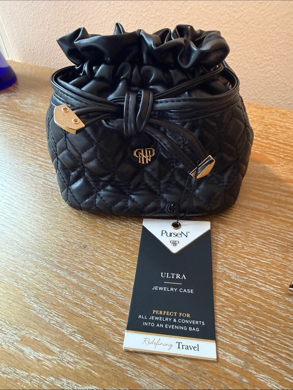 PurseN Black Quilted Drawstring Jewelry Pouch with Gold Accents